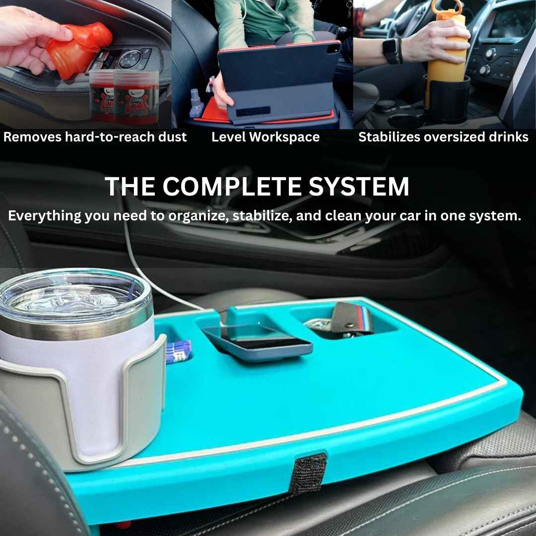 The Professional Workspace in teal holding a tumbler and a phone in a car