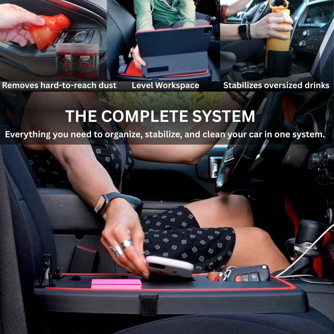 Hand placing items into The Professional Workspace tray in a car, shown in Red