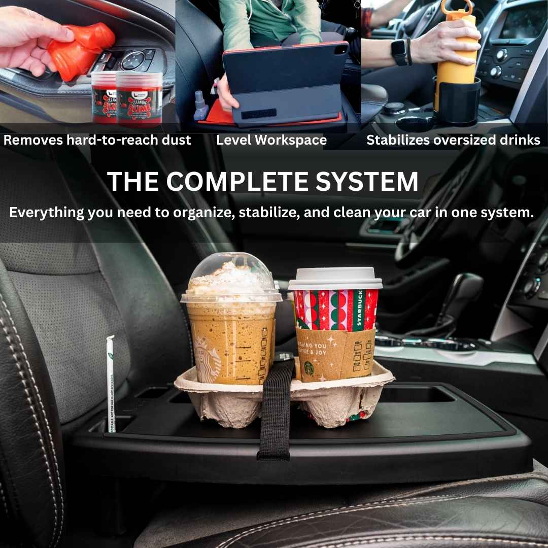 The Professional Workspace holding two takeaway coffee cups across a car seat