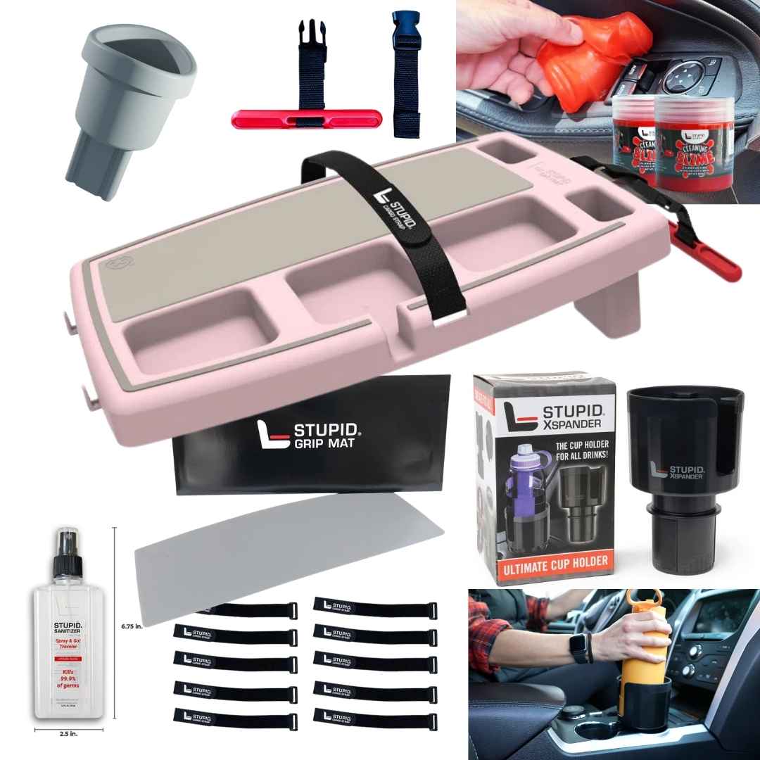 The Professional Workspace in pink with cup holder, straps, spray bottle and cleaning accessories