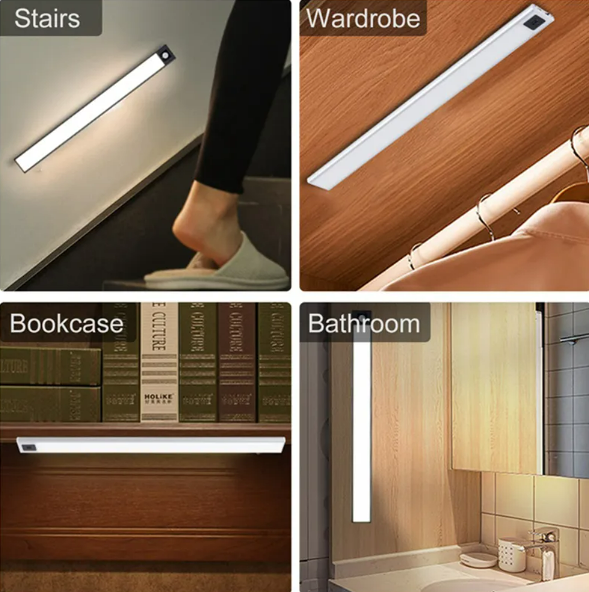 Four views of the light bar installed on stairs, in a wardrobe, on a bookcase and in a bathroom