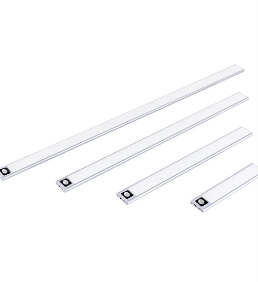 Four slim silver LED light bars of different lengths with sensors