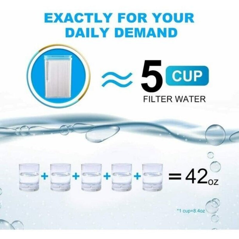 Water pitcher with glasses and text about a filter equal to five cups, 42 ounces