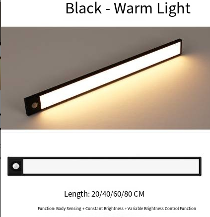 Black motion sensor light bar with a warm glow, above a note on available lengths of 20, 40, 60 and 80 centimeters