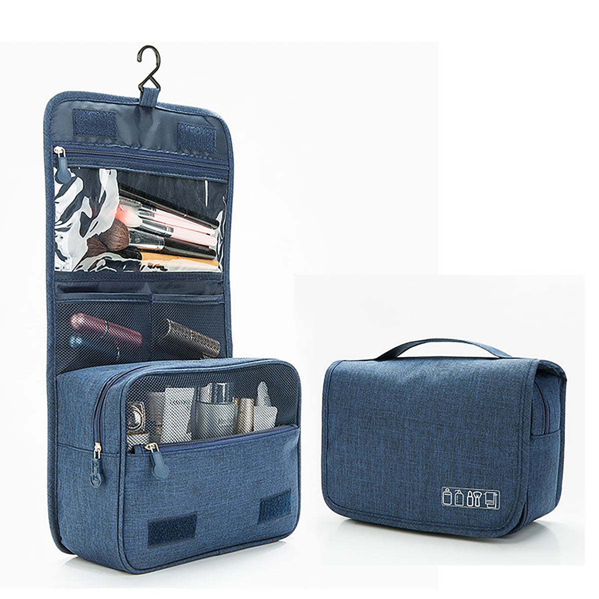 Navy hanging toiletry bag open on its hook beside a closed navy bag