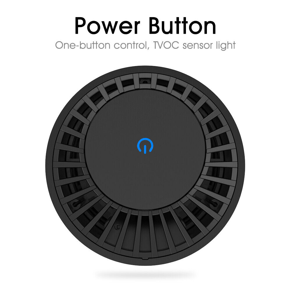 Top of the purifier with a round control button, with the text Power Button