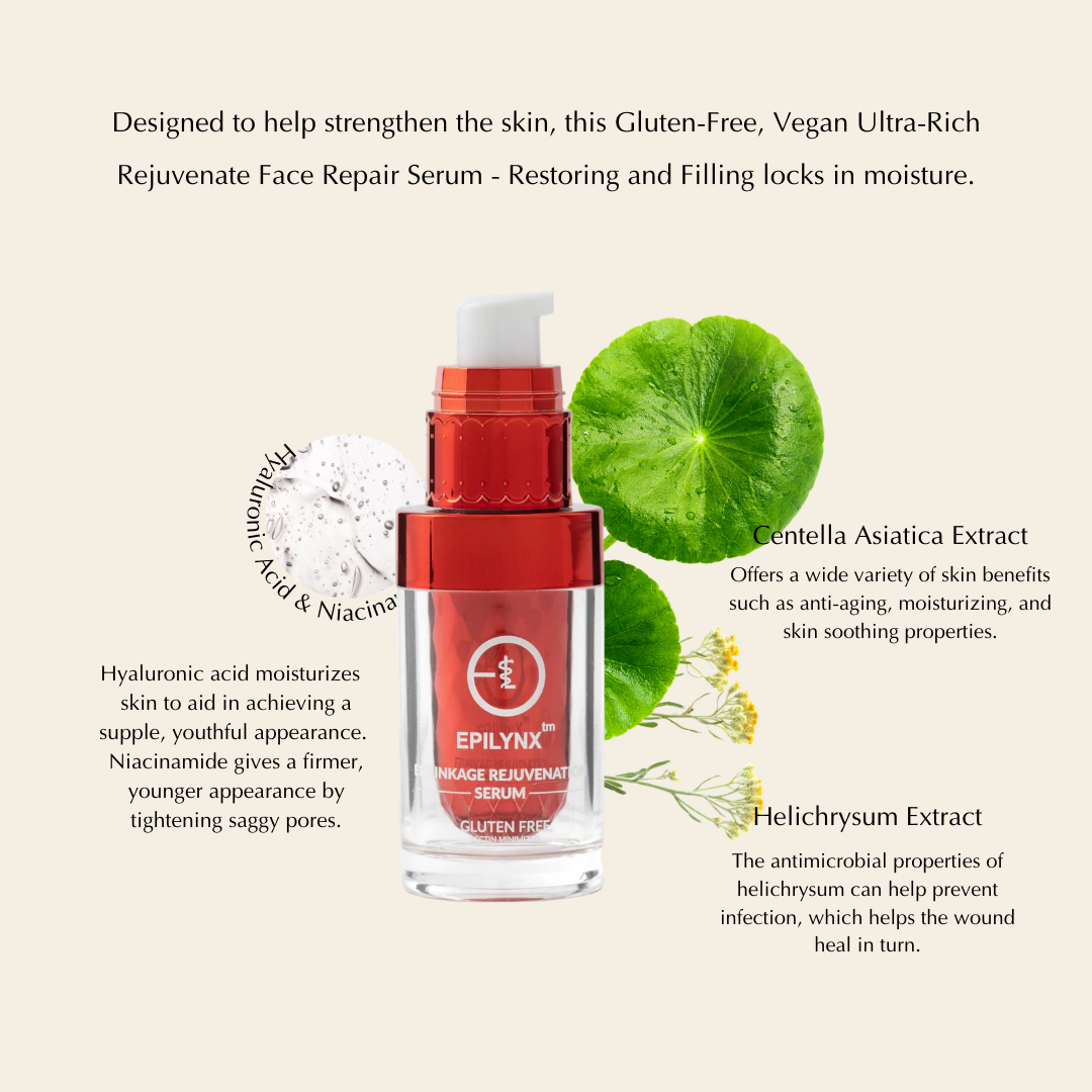 Red EpiLynx serum bottle beside a green lime and a lemon slice, with ingredient descriptions around it