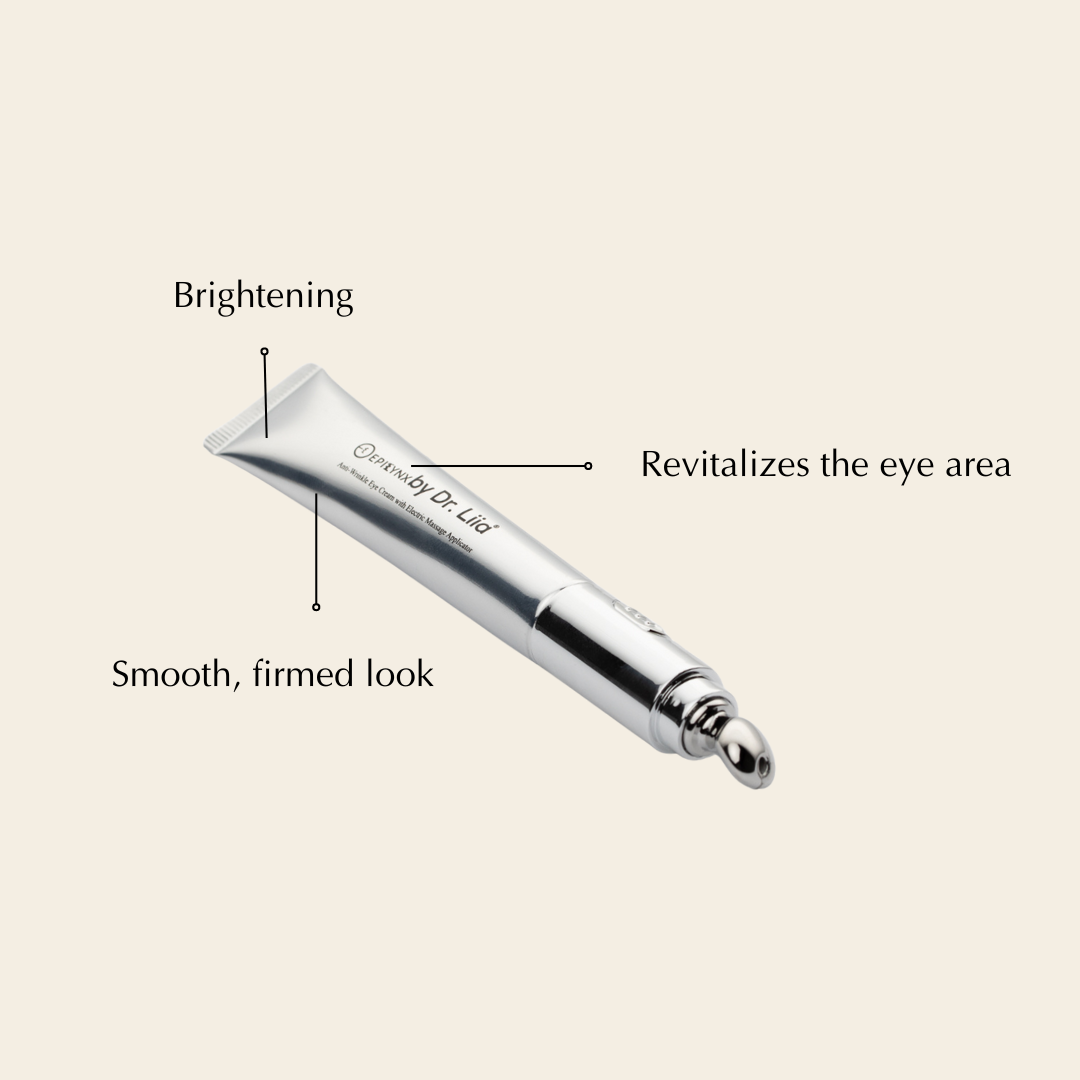 Eye cream tube diagram labelled brightening, revitalizes the eye area and smooth, firmed look