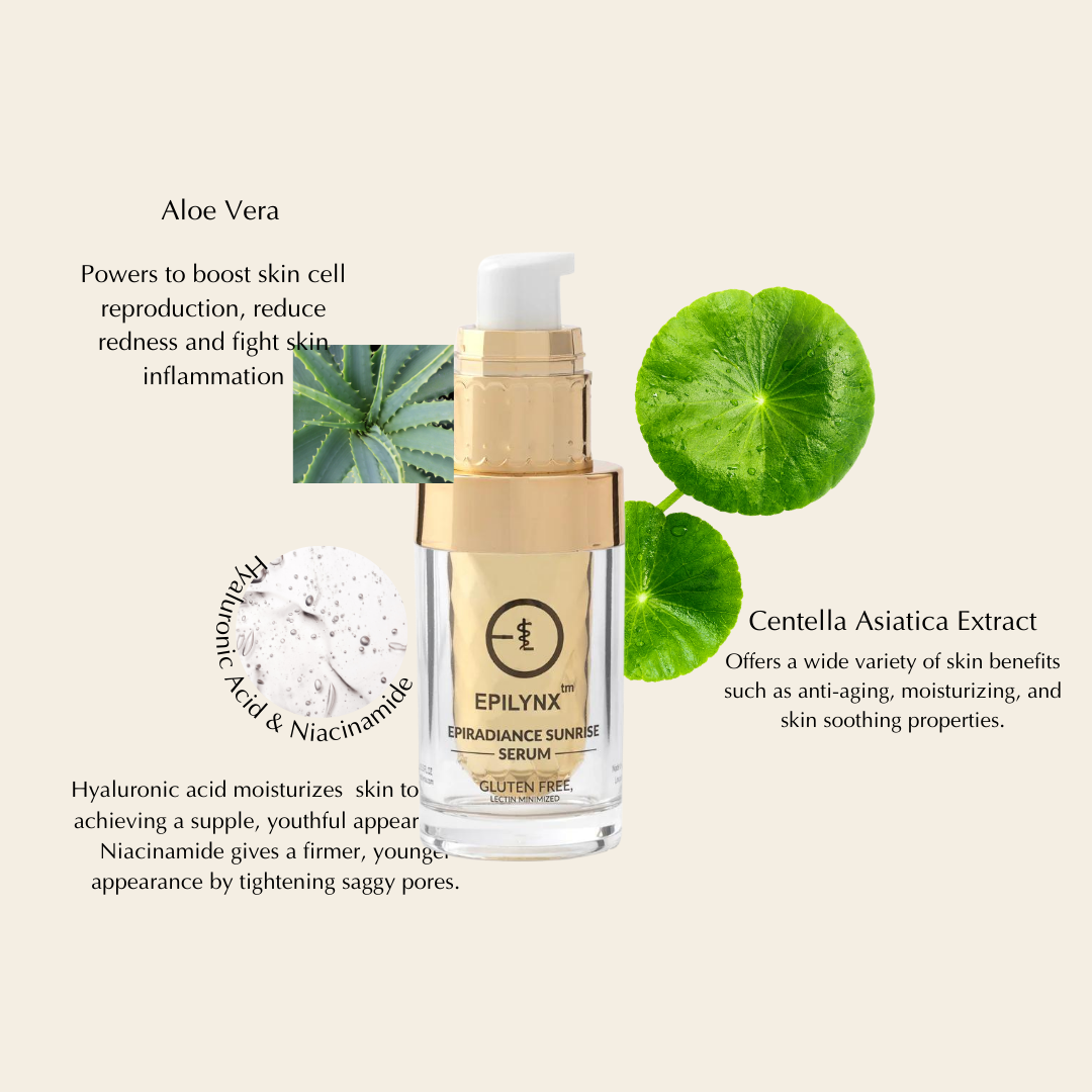 Gold serum bottle with ingredient illustrations including aloe vera and centella asiatica