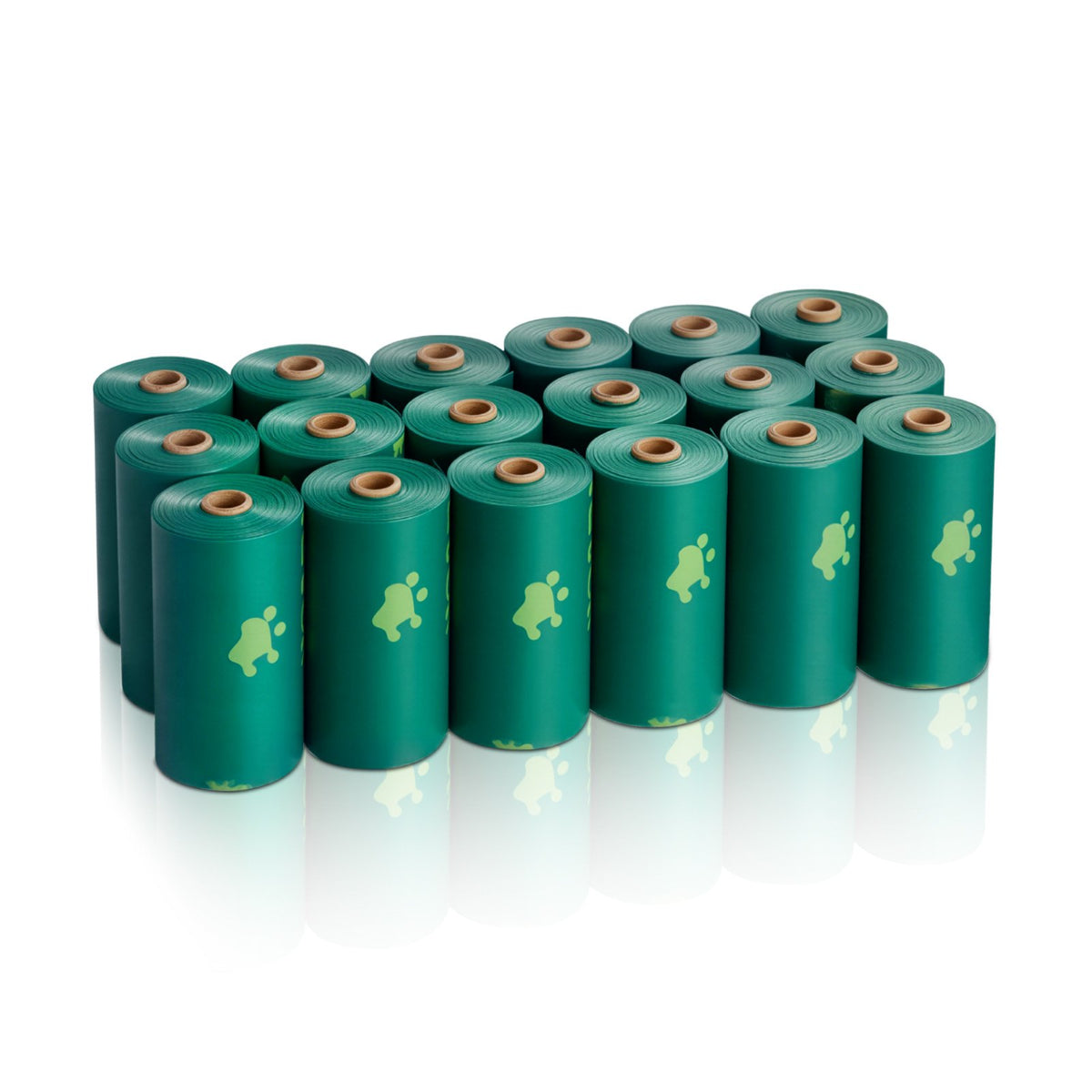 Stack of green dog waste bag rolls with a small paw logo