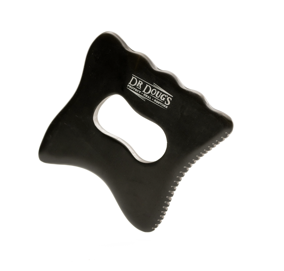 Black Bian stone gua sha tool with a center cutout and Dr. Doug's logo