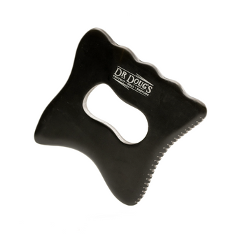 Black Bian stone gua sha tool with a center cutout and Dr. Doug's logo