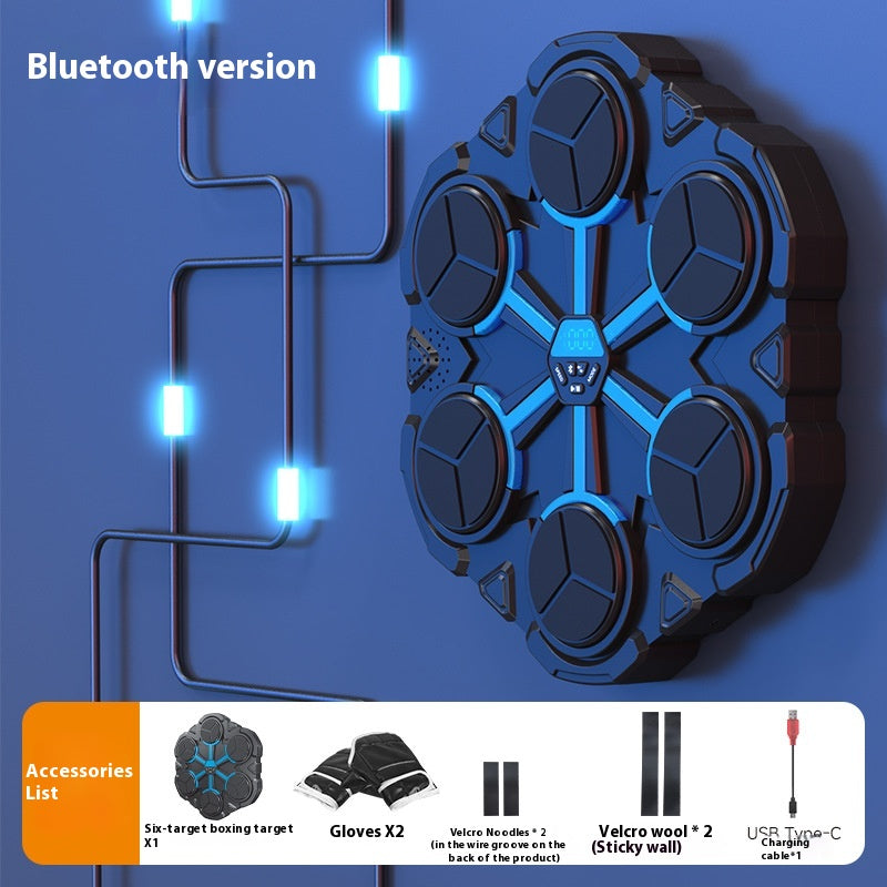 Boxing machine labeled Bluetooth version with a list of accessories: gloves, wall hooks and a cable