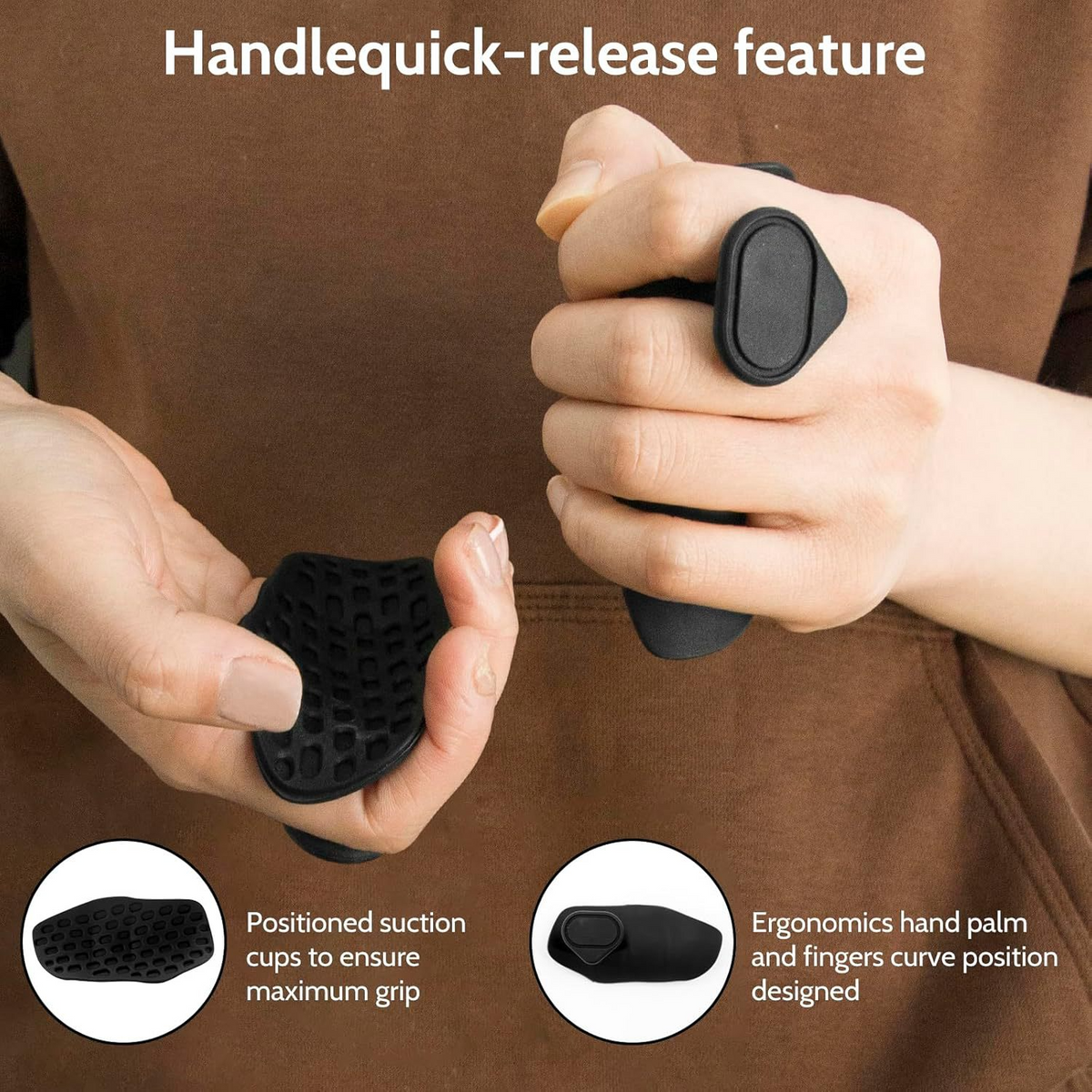 Hands fitting a black grip pad over the fingers, with the text Handle quick-release feature