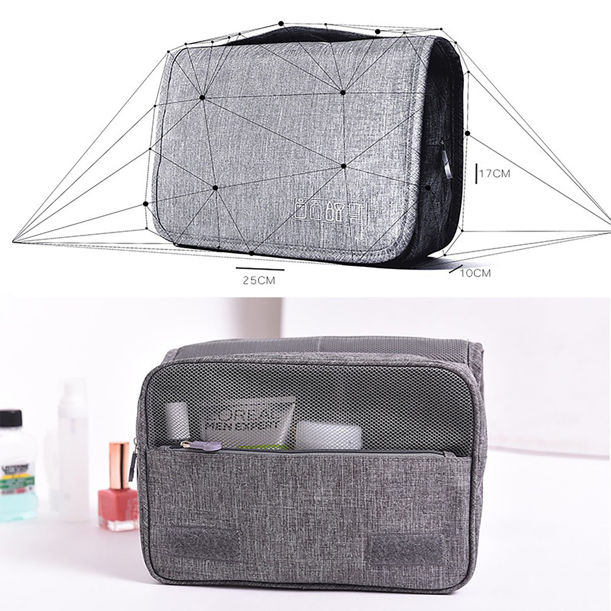 Gray toiletry bag with dimension lines, above a front view showing a mesh pocket