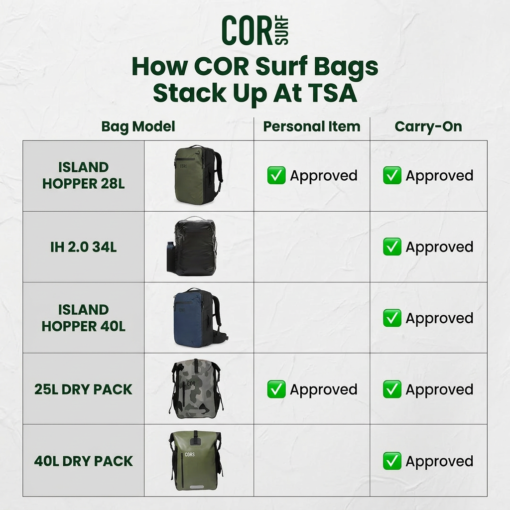 Table showing which COR Surf backpacks are approved as a personal item and as carry-on
