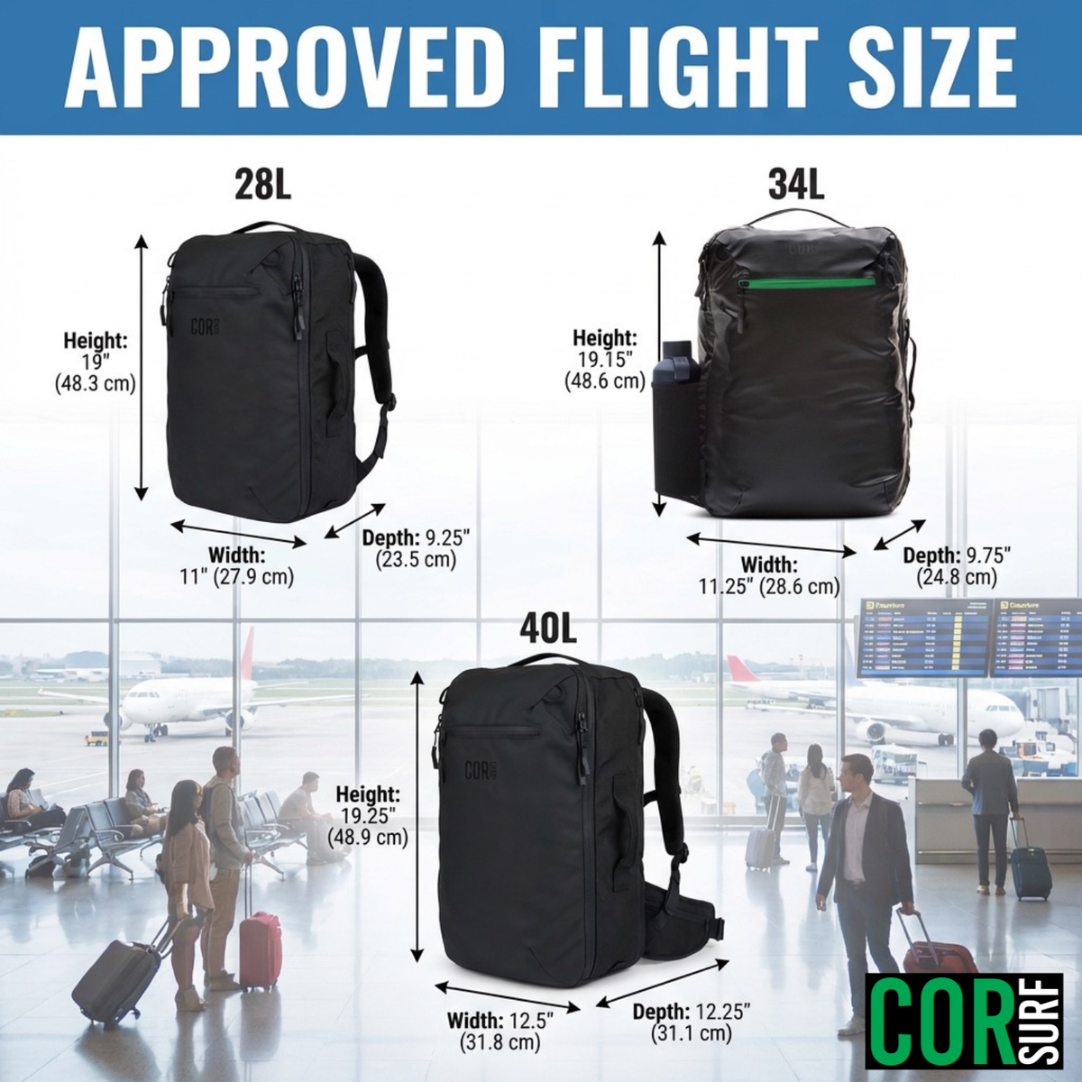 Graphic of the 28L, 34L and 40L backpacks with their dimensions and the text Approved Flight Size