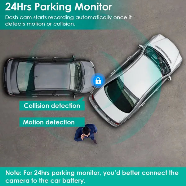 Parking monitor graphic: top-down view of two cars with collision and motion detection labels