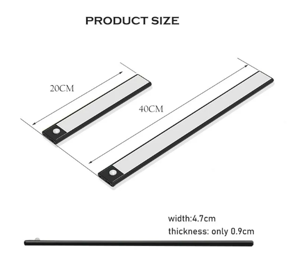 Size diagram of the light bars at 20 and 40 centimeters with width and thickness measurements