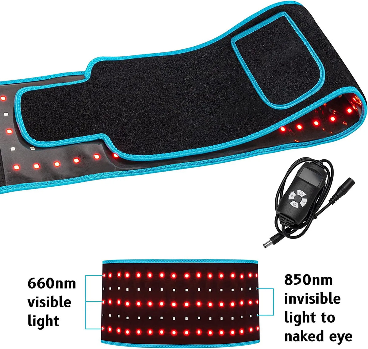 Black belt with blue edging, above a close view of 660nm visible and 850nm invisible LEDs and a controller