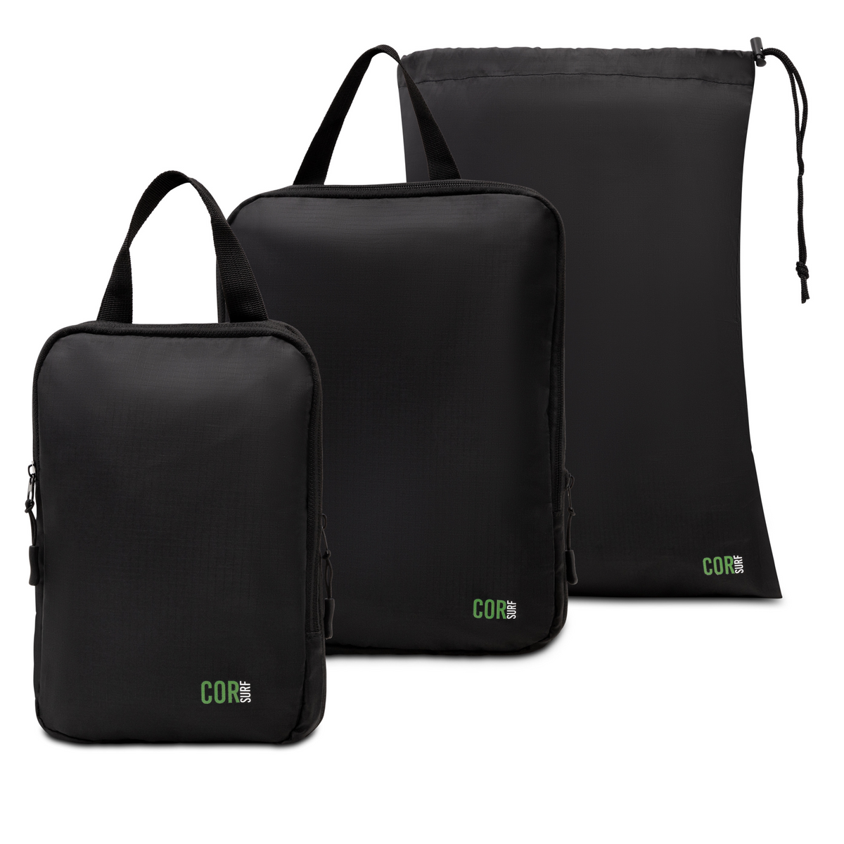 Set of three black packing bags with green logos