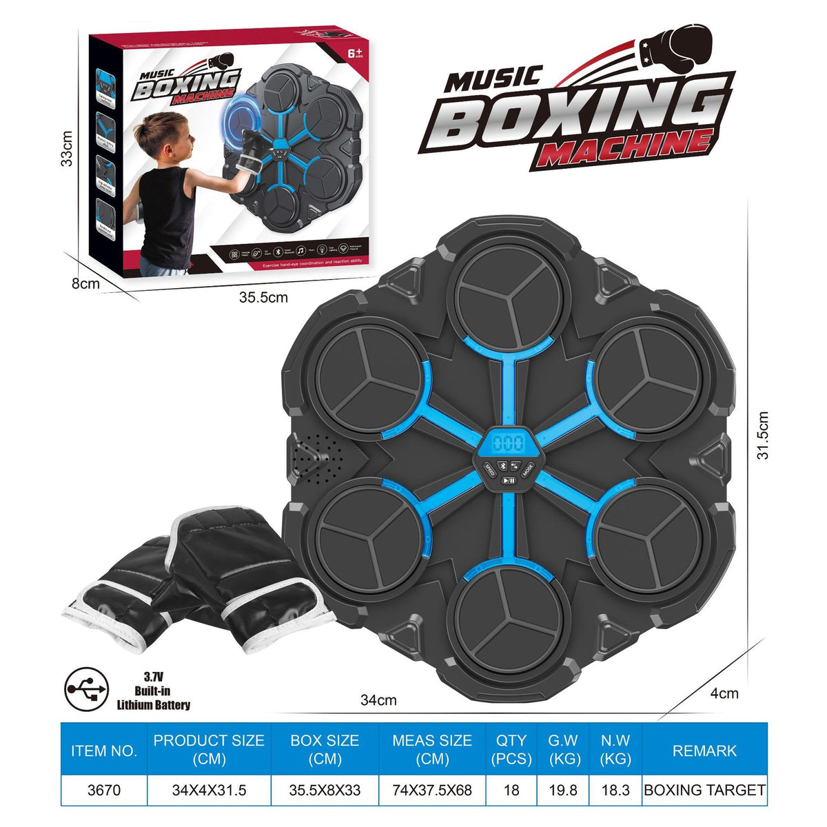 Boxing machine with its retail box, a child wearing gloves and a table of product specifications