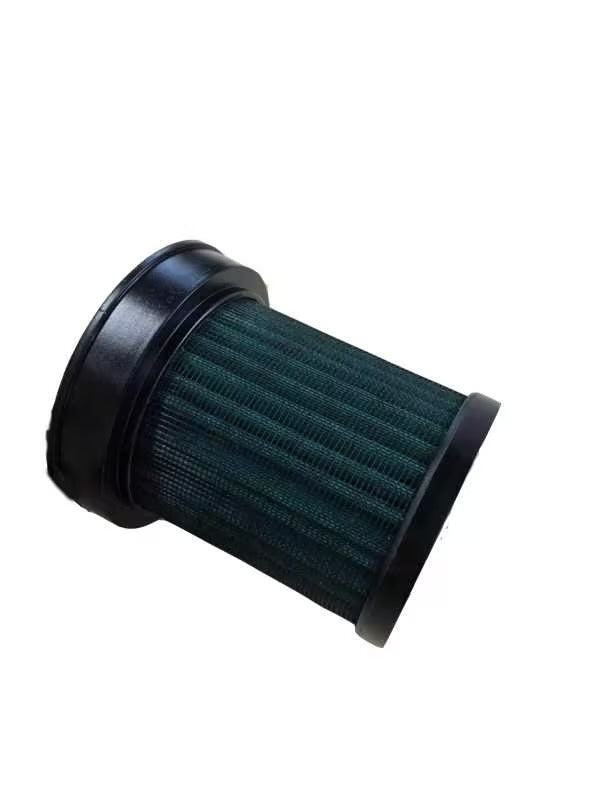 Black HEPA replacement filter with a cylindrical mesh body, side view