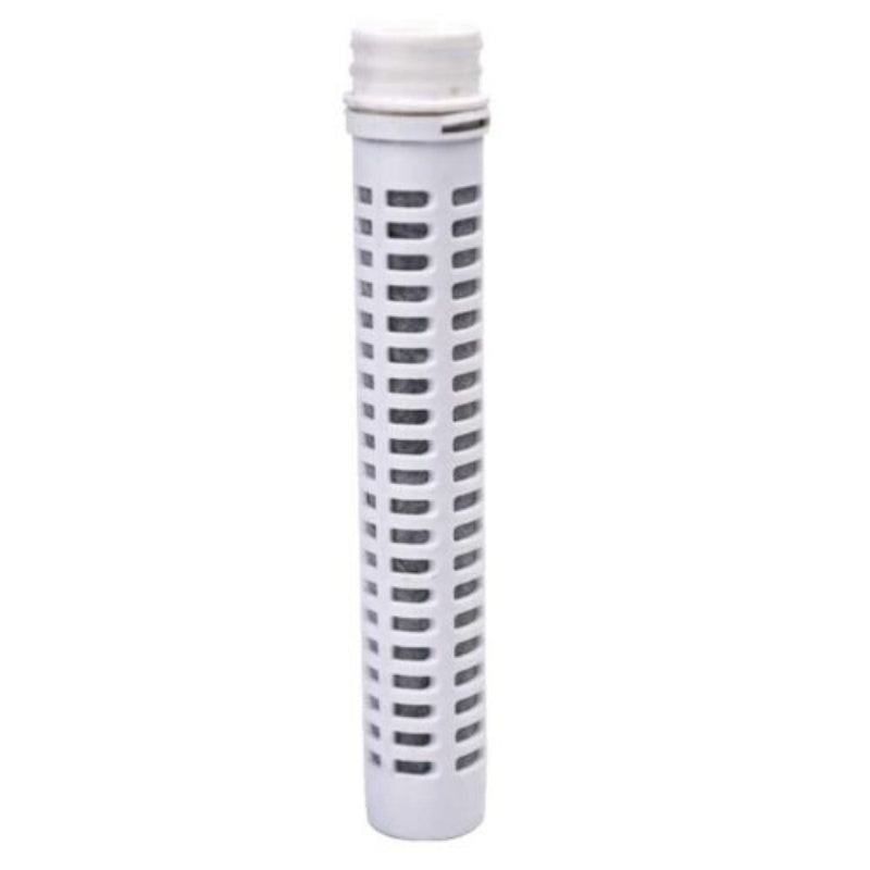 Single gray carbon filter cartridge on a white background