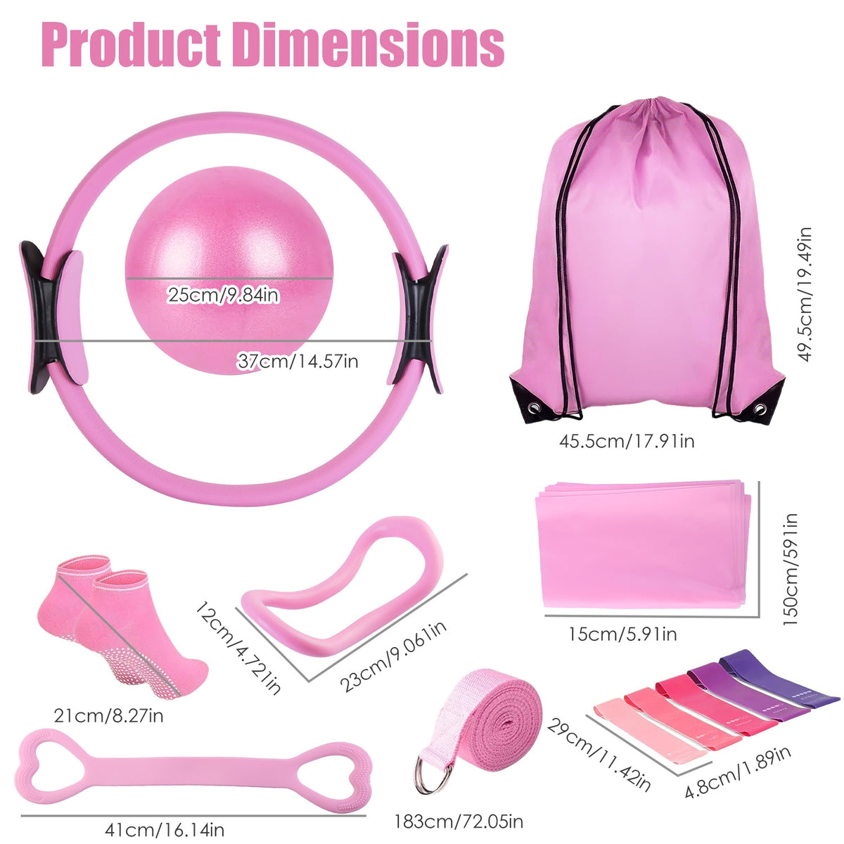 Pink pilates kit product dimensions diagram