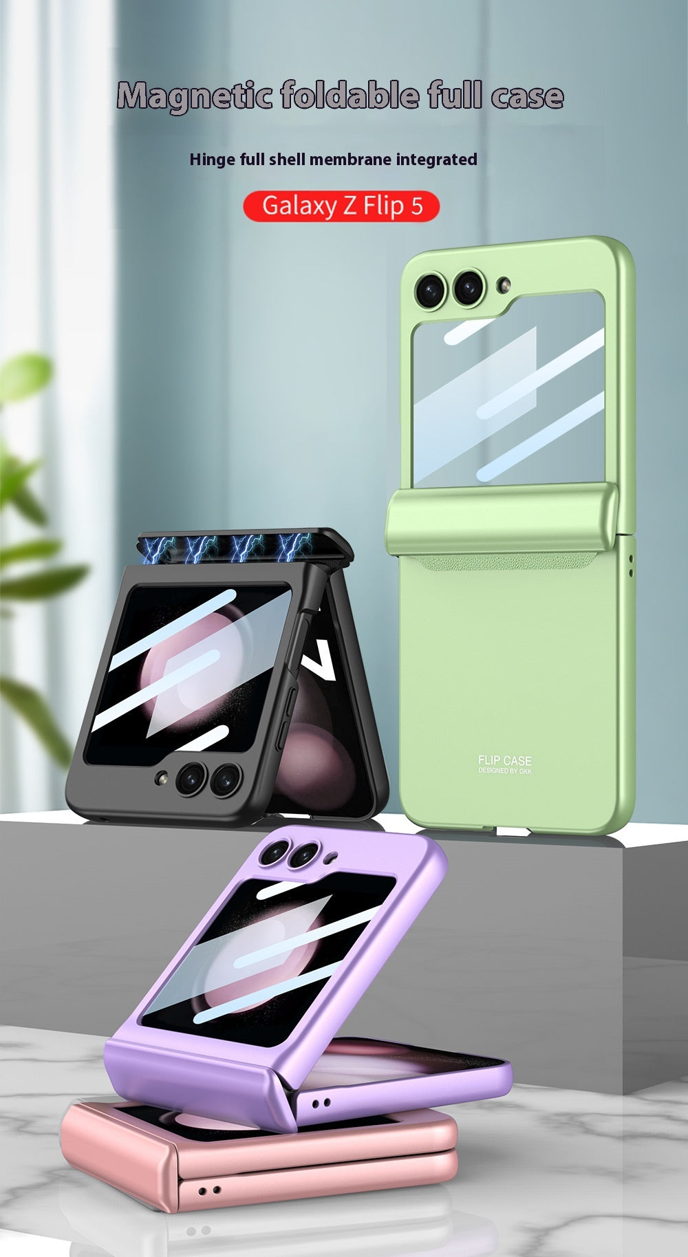 Green and purple Galaxy Z Flip 5 cases displayed on a shelf above pink cases