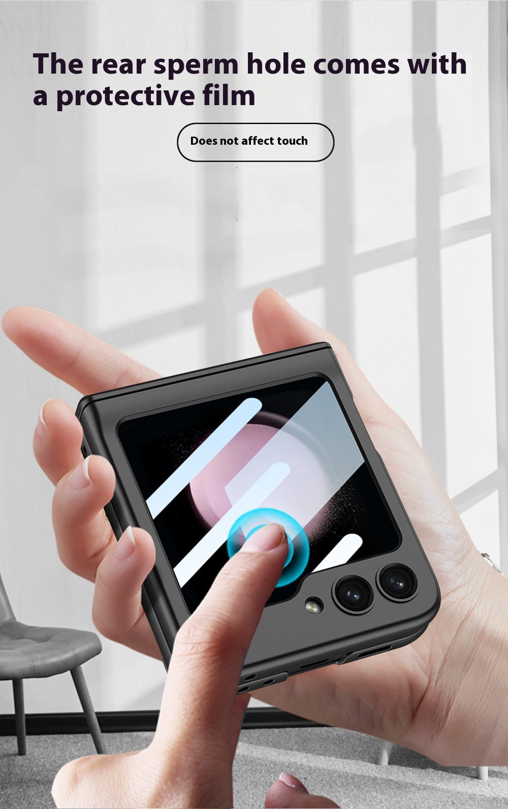 Hand holding a Galaxy Z Flip 5 case, with the rear cutout covered by a protective film