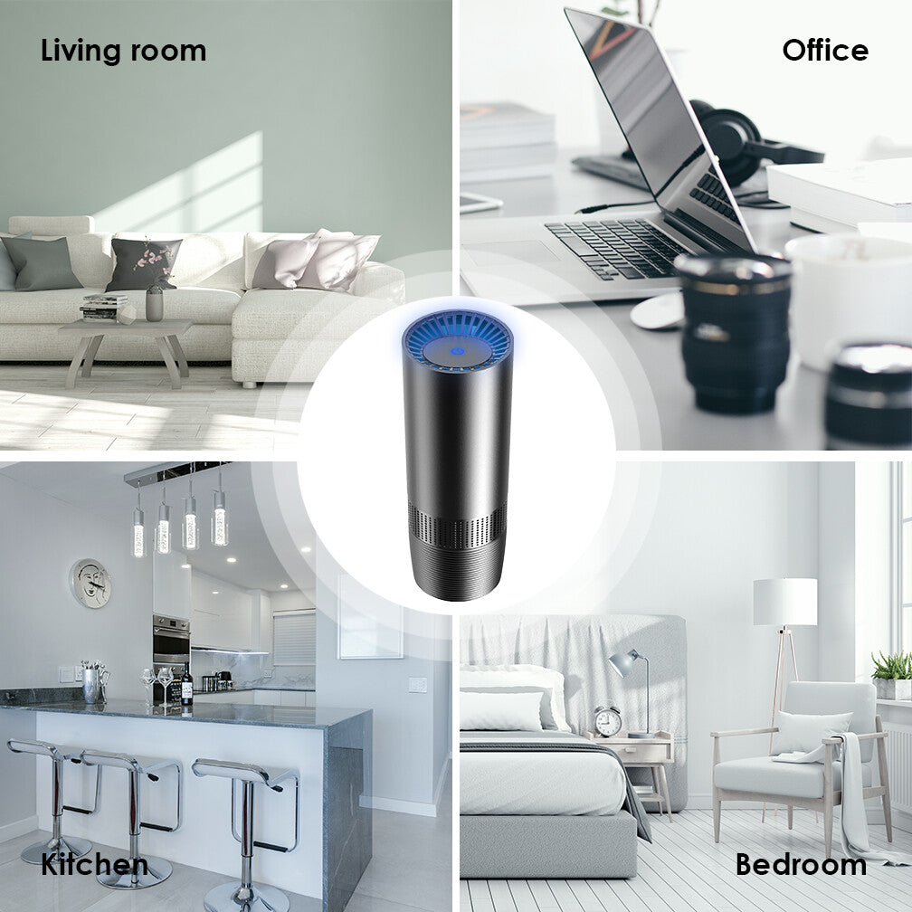 Collage of rooms with a small purifier: living room, office, kitchen and bedroom
