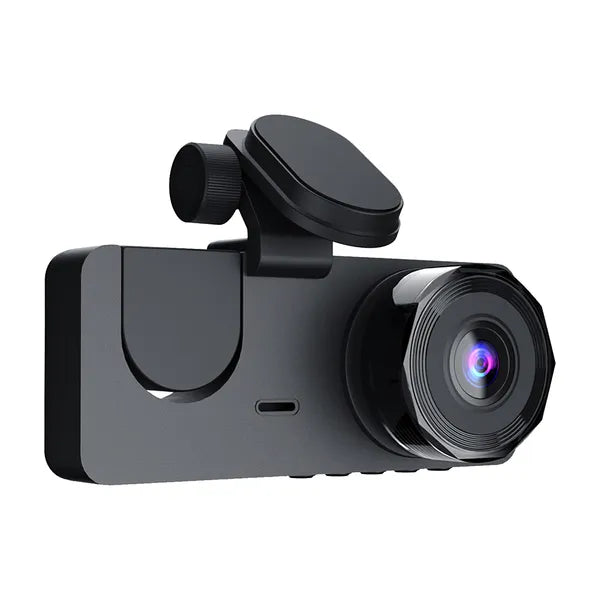 Black 3-channel dash camera with a front lens, front view