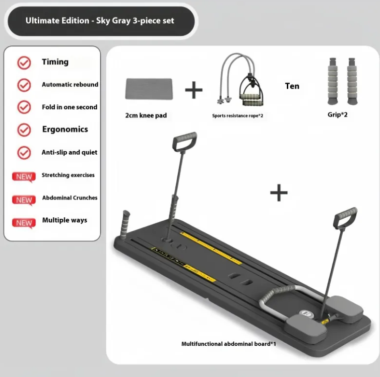 Grey folding abdominal board kit layout with mat, resistance cords and handles