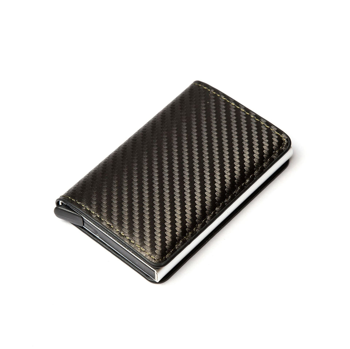 CHICAMOR RFID pop-up card wallet in dark olive-brown with a carbon-fibre pattern