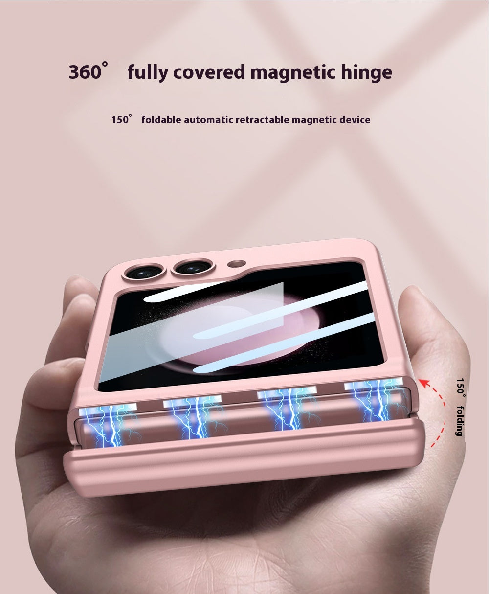 Pink Galaxy Z Flip 5 case in a hand, front view with the cover screen and cameras