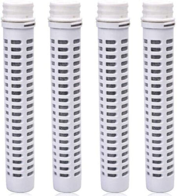 Four gray carbon filter cartridges for a water pitcher, standing in a row