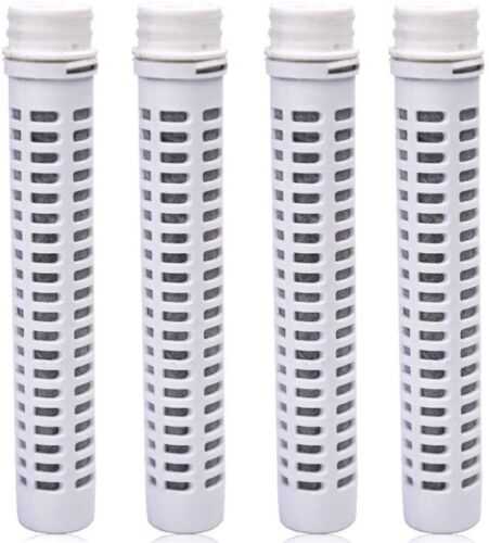 Four gray carbon filter cartridges for a water pitcher, standing in a row