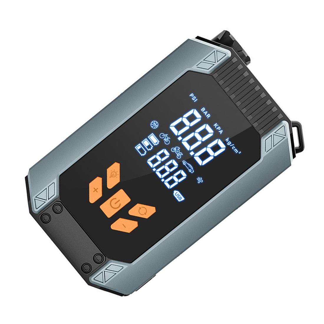 AirGo portable inflator with a digital pressure display and orange control buttons, angled view