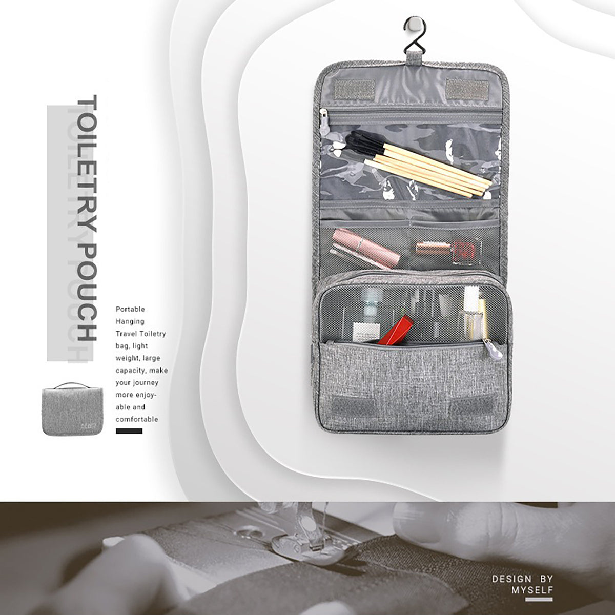 Gray hanging toiletry bag open on its hook, showing toiletries in the clear and mesh pockets