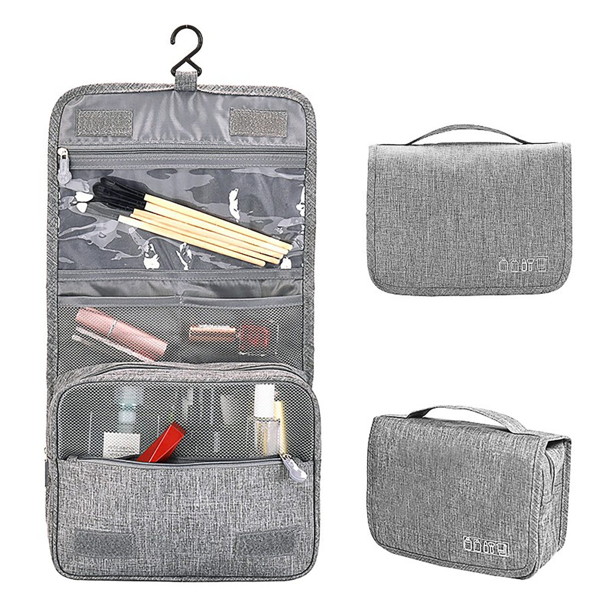 Gray hanging toiletry bag open with clear pockets, beside two closed gray bags