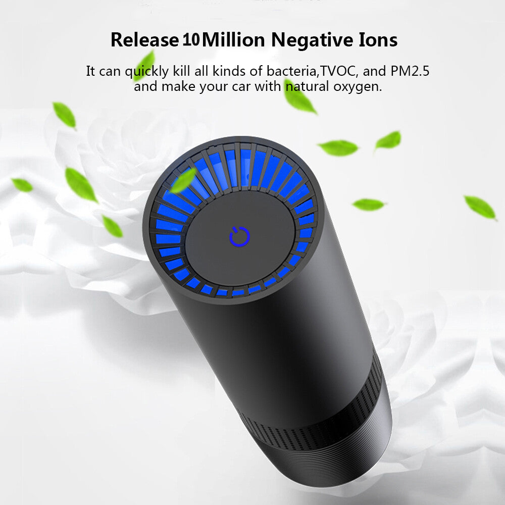 Car air cleaner with a blue ring light and a green leaf graphic, with the text about releasing 10 million negative ions