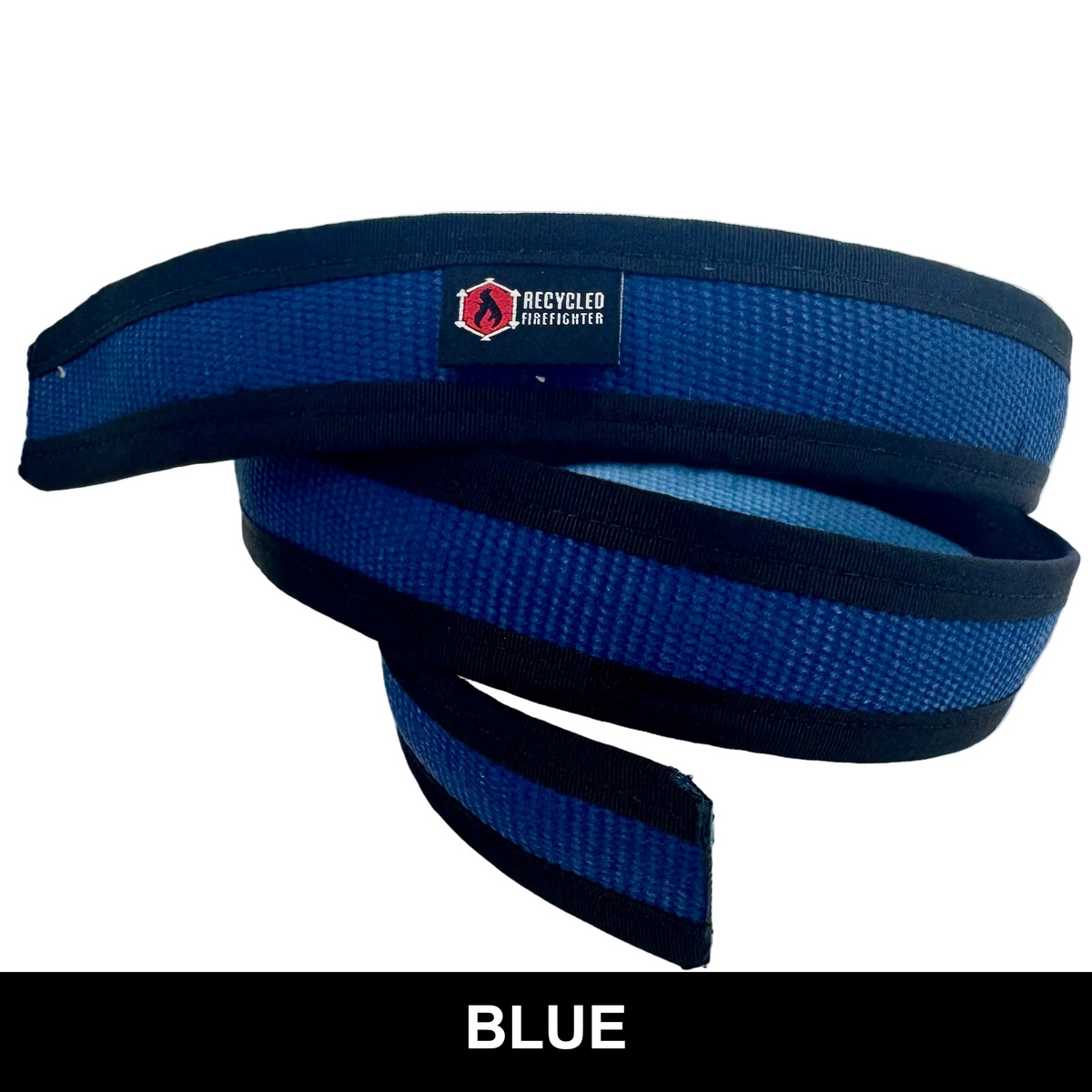 Blue Fire Hose EDC Belt coiled, with a label reading Blue