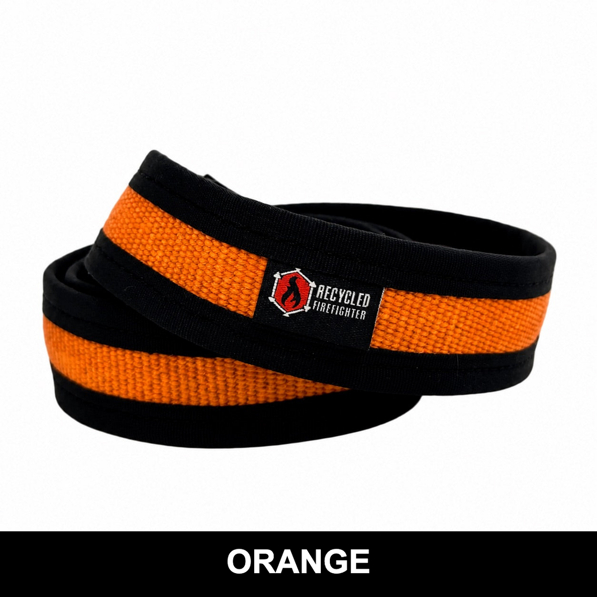 Orange Fire Hose EDC Belt with black edging and a logo patch, with a label reading Orange