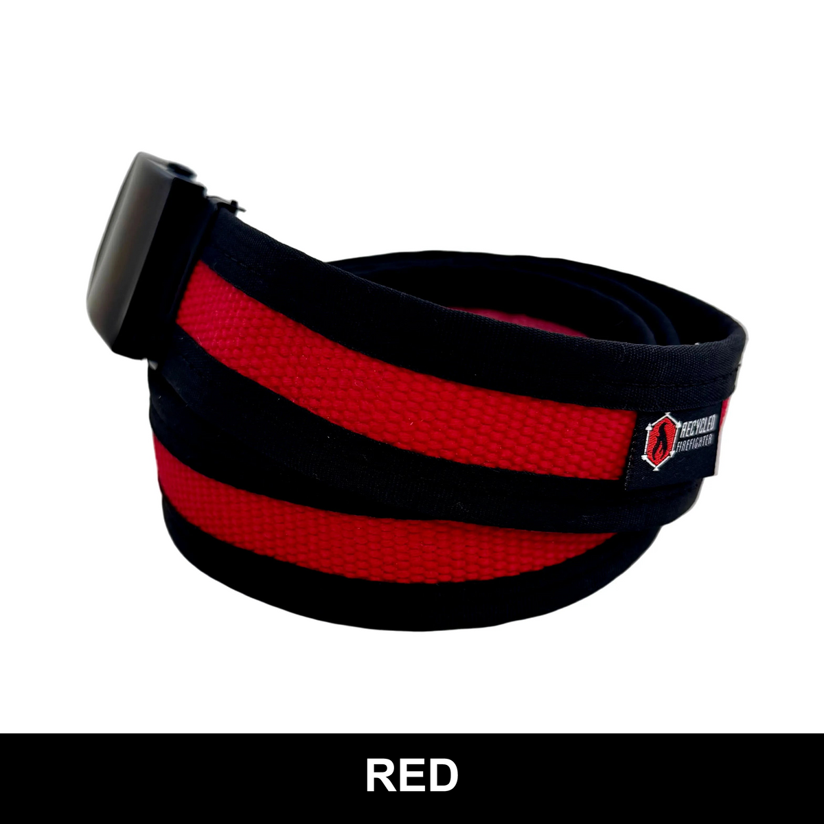 Red Fire Hose EDC Belt with a black buckle and black edging, with a label reading Red