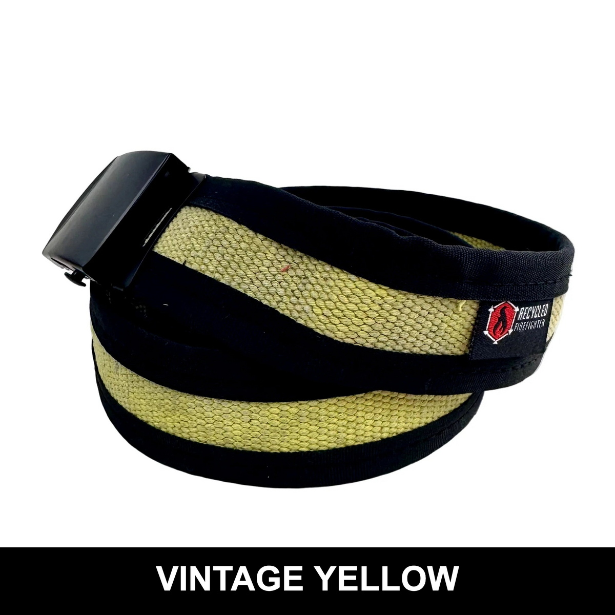 Vintage Yellow Fire Hose EDC Belt with a black buckle and edging, with a label reading Vintage Yellow