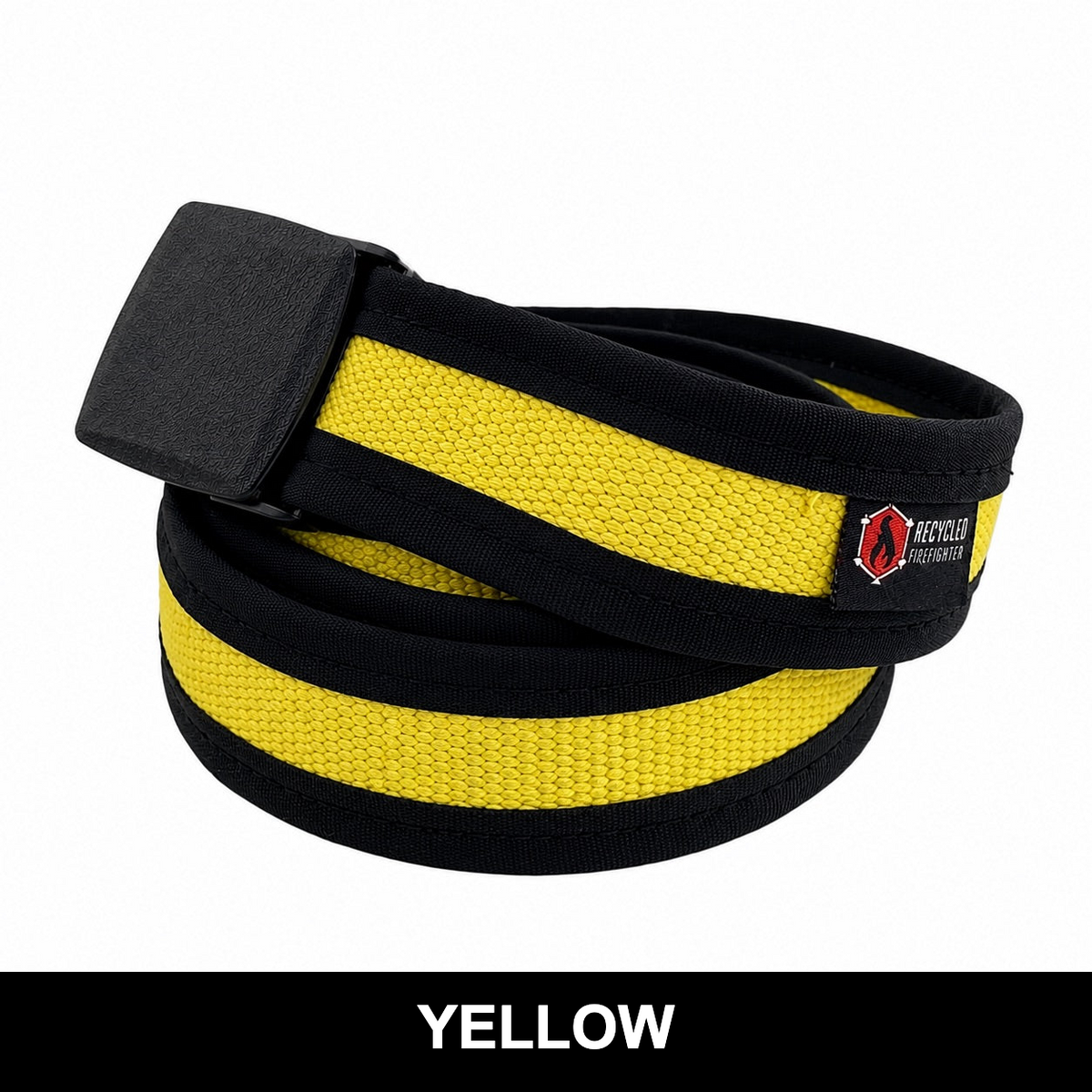 Bright yellow Fire Hose EDC Belt with a black buckle and edging, with a label reading Yellow