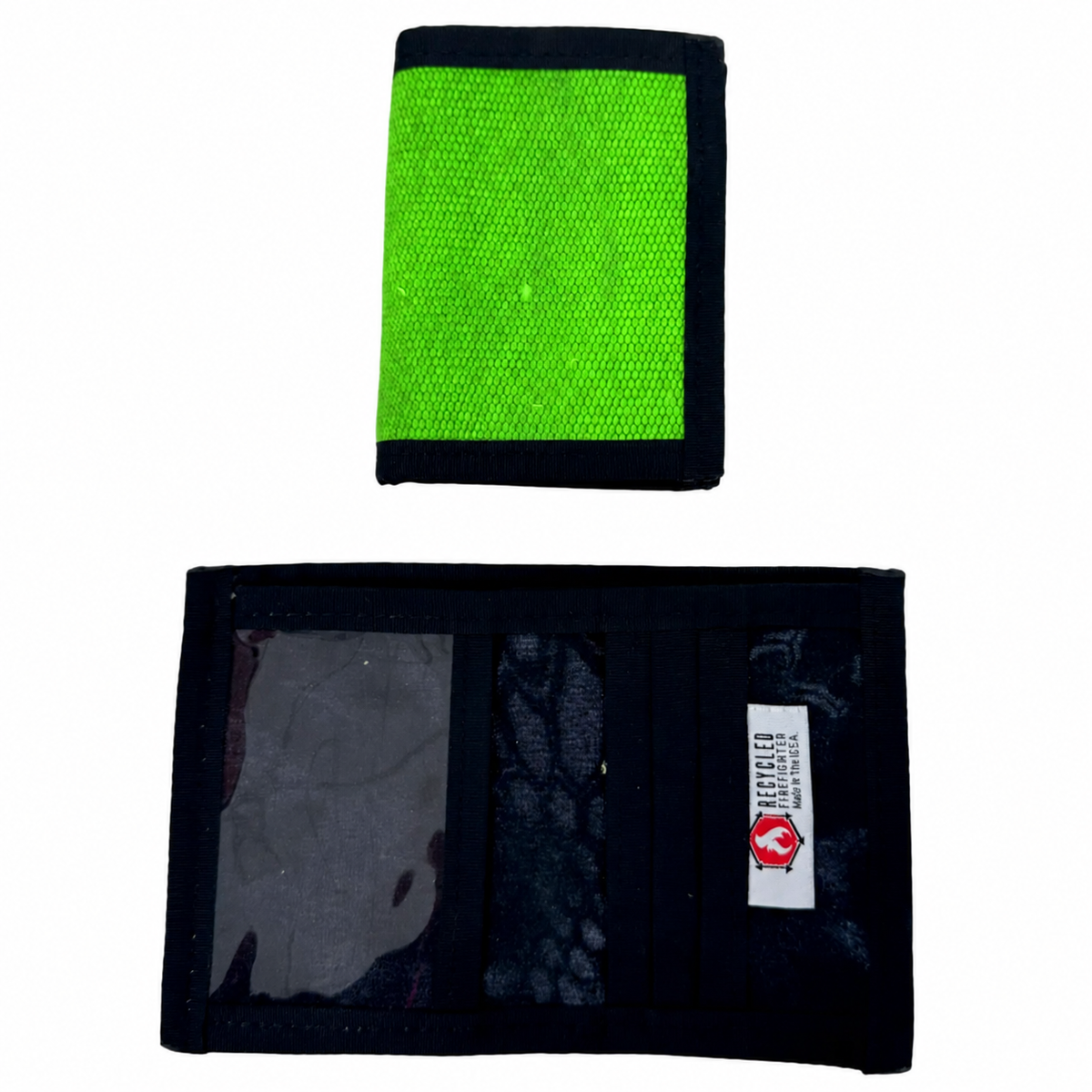 Captain Wallet in green fire hose, closed above and open below showing an ID window and patterned interior