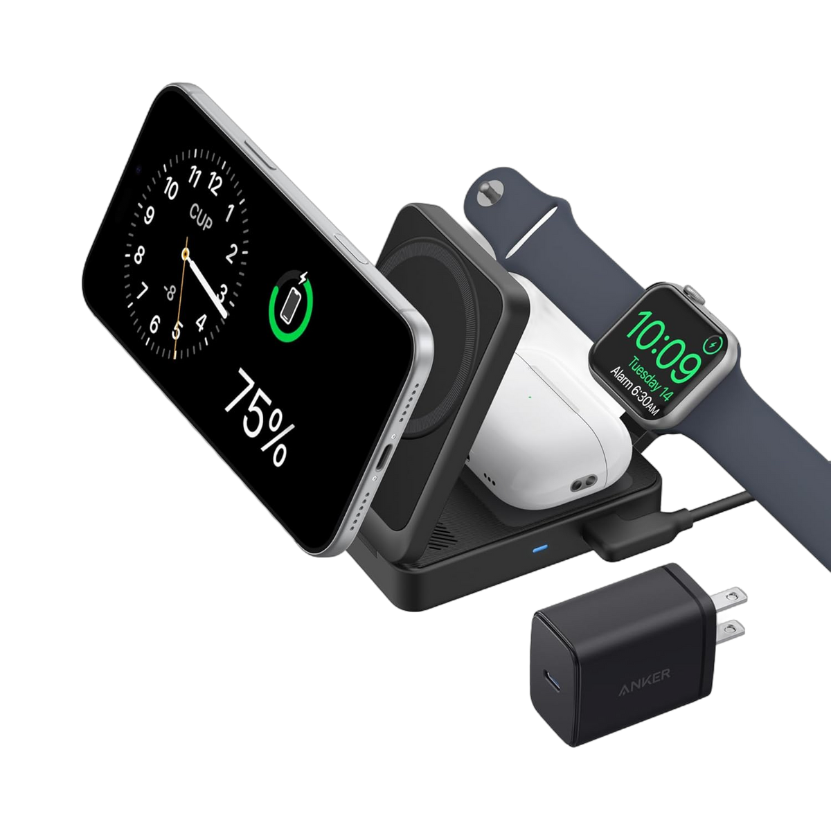 Anker MagGo 3-in-1 Wireless Charging Station in black holding a phone, an earbuds case and an Apple Watch, with a black wall charger