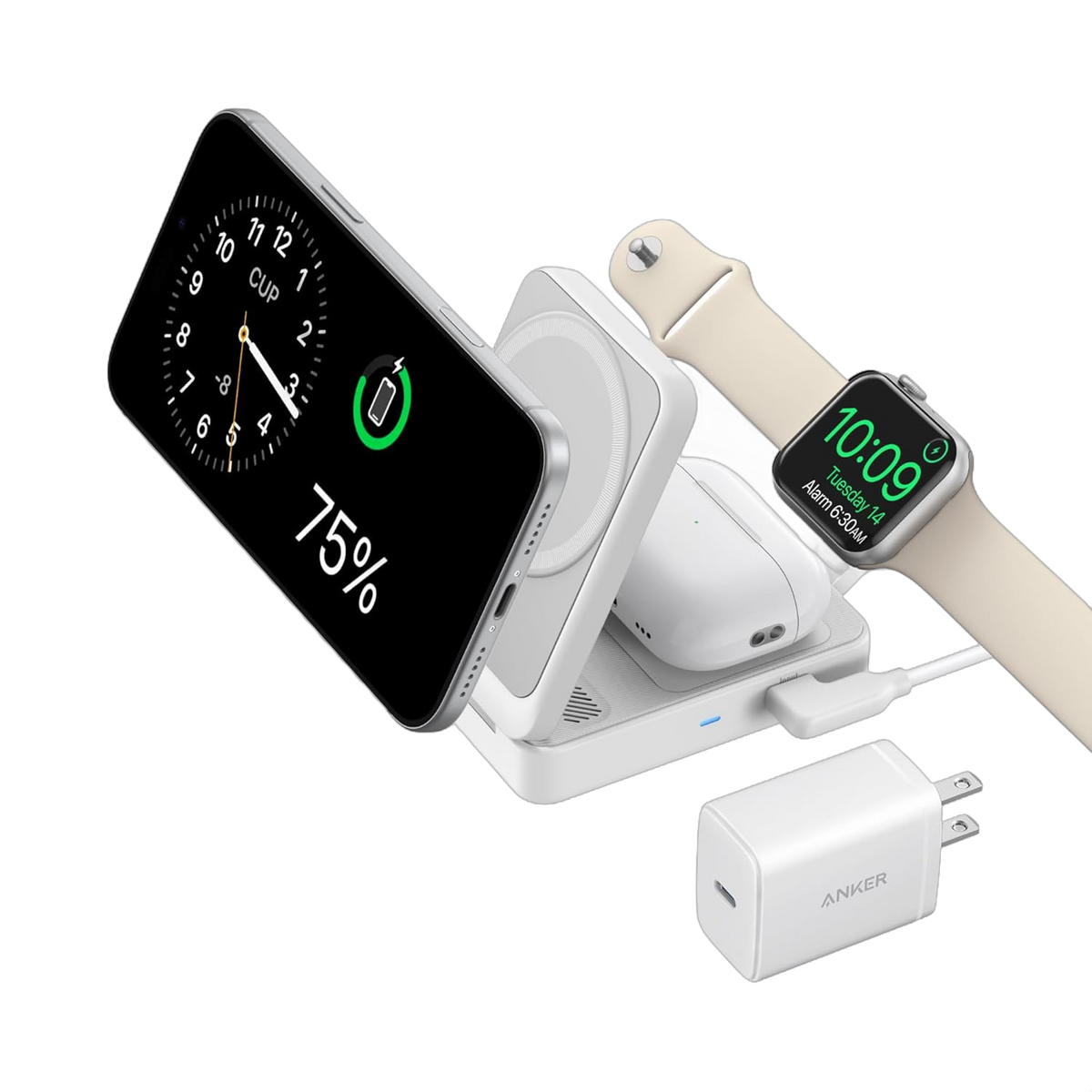 Anker MagGo 3-in-1 Wireless Charging Station in white holding a phone, an earbuds case and an Apple Watch, with a white wall charger